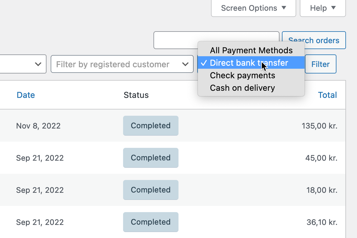 Filter WooCommerce orders by payment method